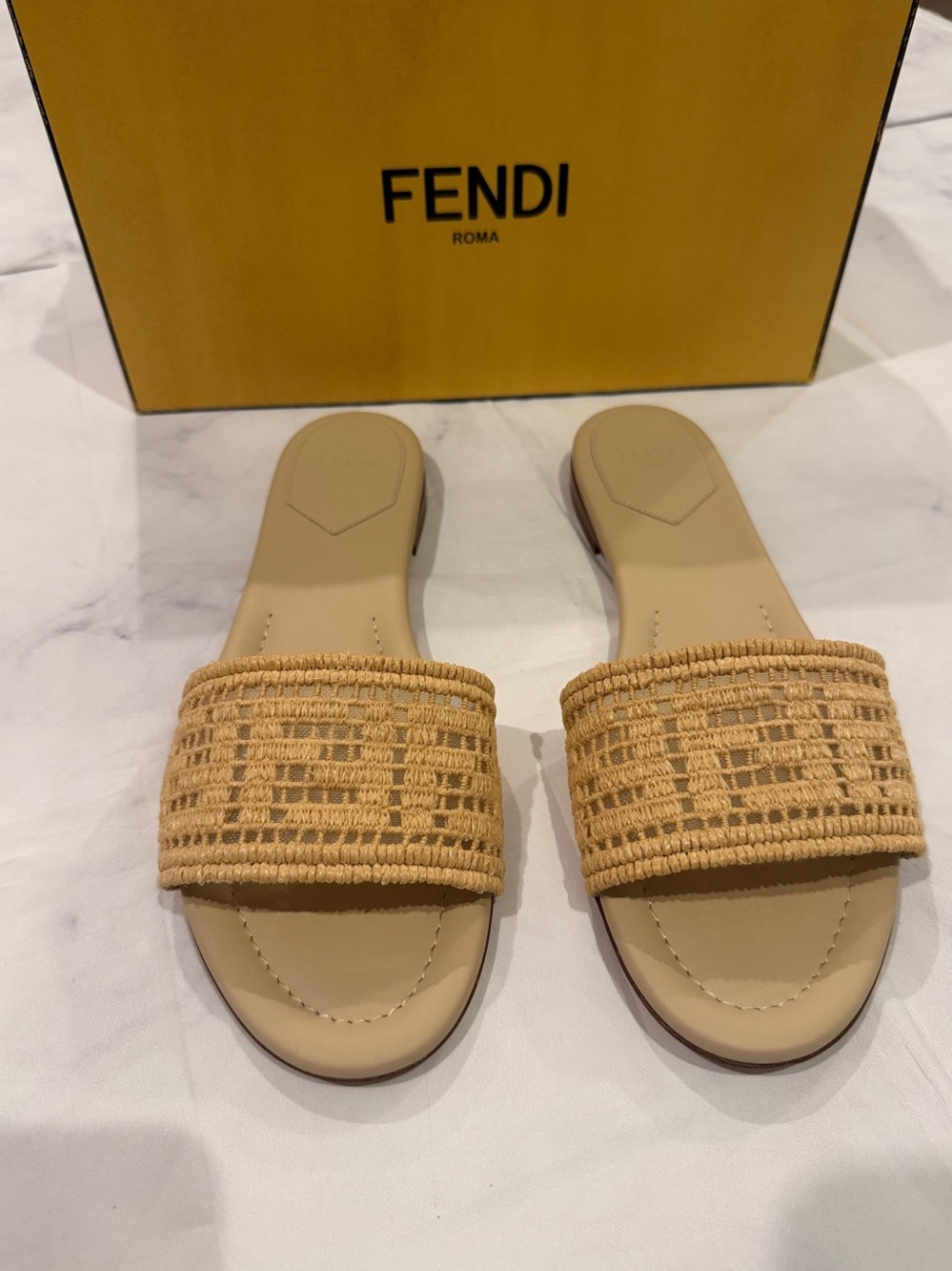 Fendi Sunshine FF Raffia Leather Slide Sandals, 39.5